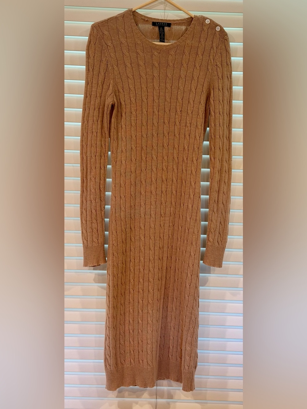 Lauren Ralph Lauren Camel Cable Knit Button Shoulder Sweater Dress Midi M Fall